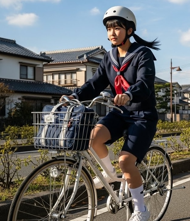 芋セラ女子中学生　ハーフパンツ　セラパン　芋セーラー服 ImageFX　ヘルメット　自転車通学