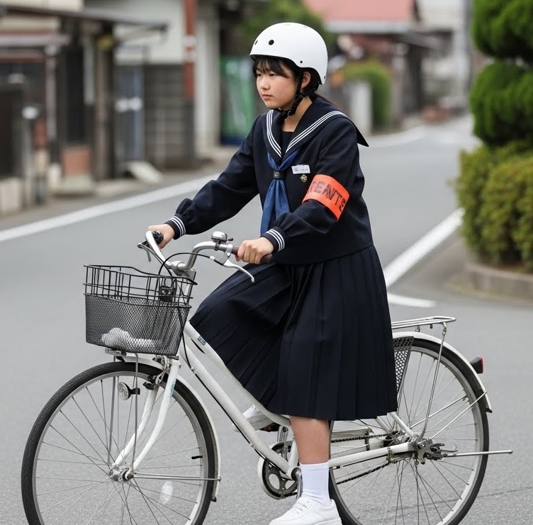 芋セラ女子中学生　芋セーラー服 ImageFX　ヘルメット　自転車通学